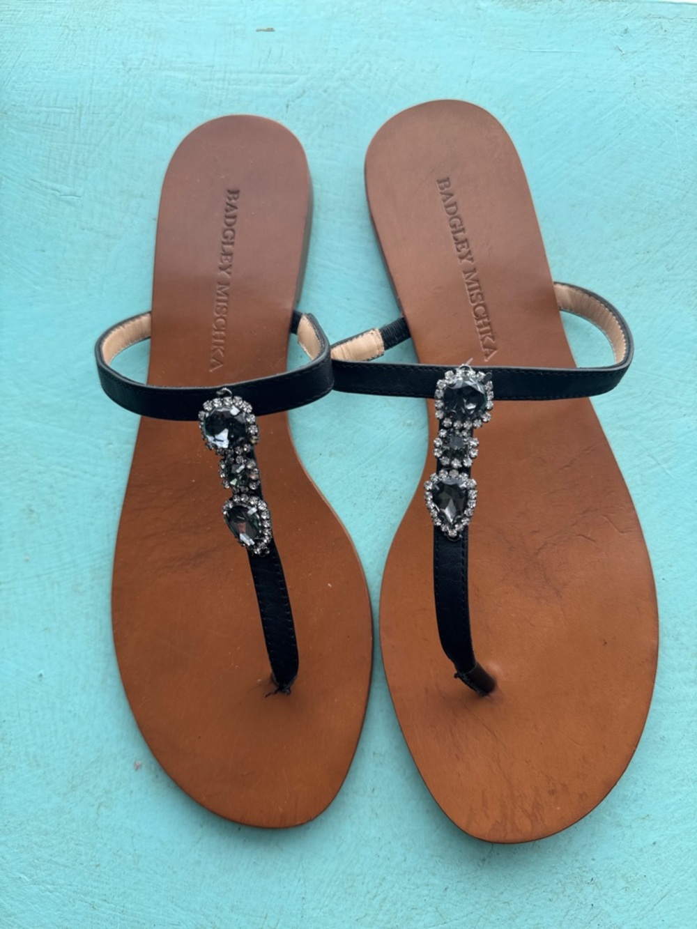 Badgley Mischka Black Jeweled T-Strap Sandals with Brown Footbed